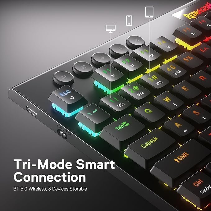Redragon K618 PRO 3-Mode Wireless RGB Mechanical Keyboard, BT/2.4Ghz/Wired Low Profile Win/Mac Gaming Keyboard w/Ultra-Thin Design, Dedicated Media Control & Tactile Blue Switch