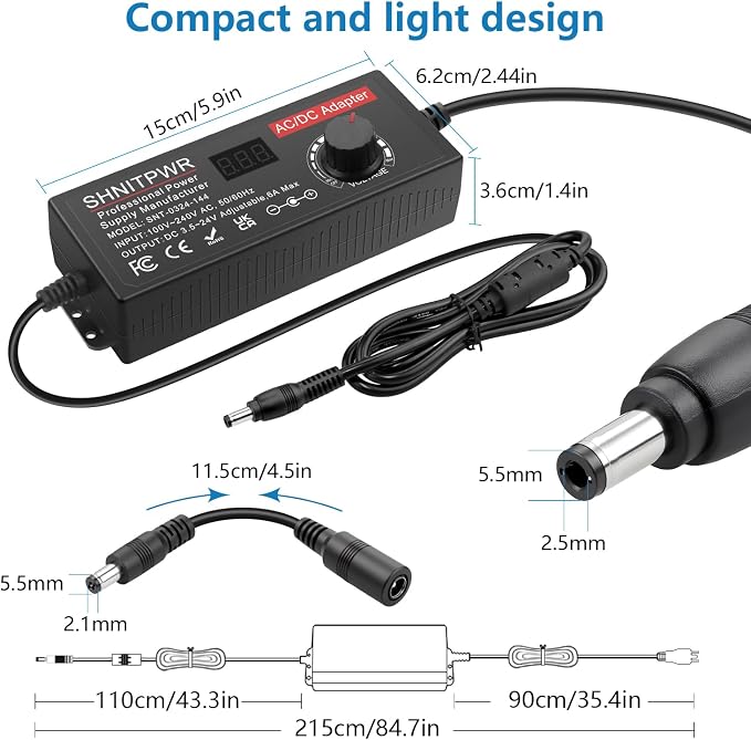 SHNITPWR Adjustable Universal Power Supply DC 4V~24V 3A 5A 6A 144W AC/DC Adapter with USB C Charger PD 100W 100V-240V AC to DC Converter Variable Power Adapter 24V,14 Tips,Alligator Clip Power Cable