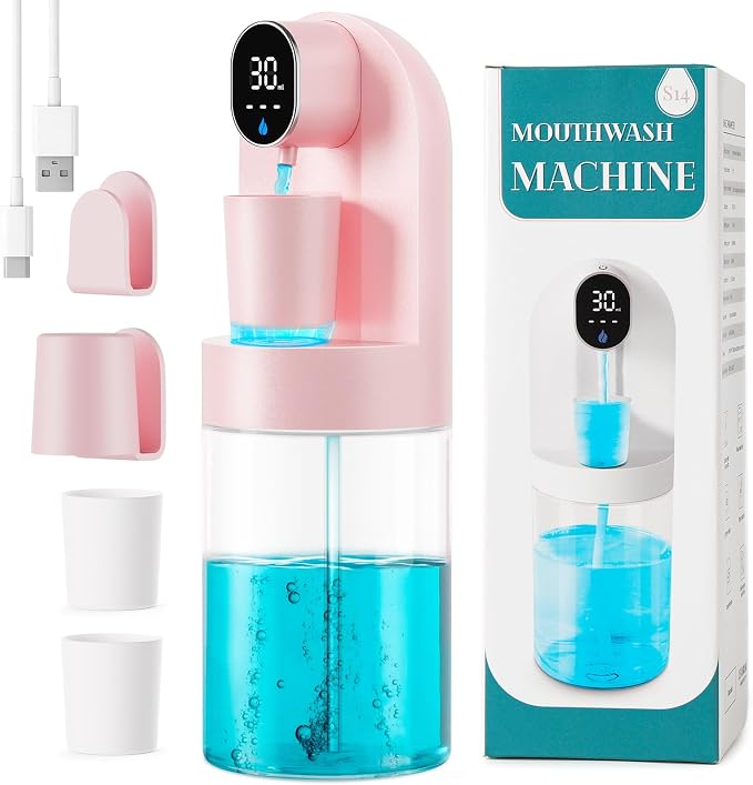 Automatic Mouthwash Dispenser for Bathroom, 21.12 oz Touchless Smart Mouth Wash Dispensers Bathroom Accessories Set with 4 Magnetic Cups, 4 Modes Wall Mounted Mouth Wash Dispenser for Home & Kids