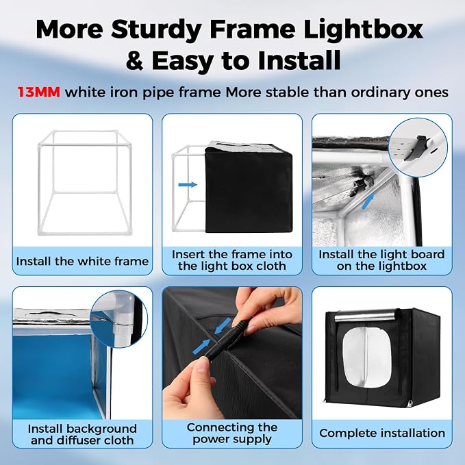 Photo Light Box, Portable 12/16/20/24/32 Photo Studio Light Box, Shooting Tent Kit with 405 Light Beads and 6 Color Backdrops. Lightbox with 3 Stepless Dimming Light Boards for Product Photography