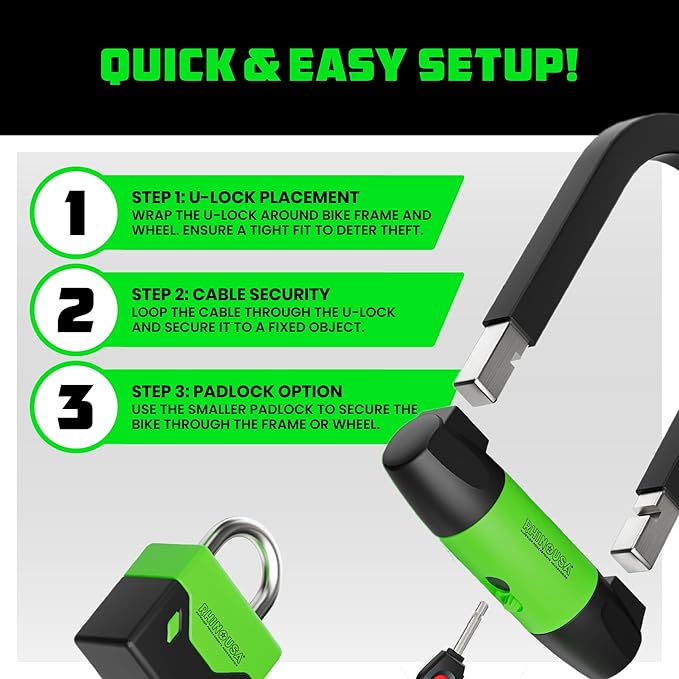 Rhino USA Bike Lock Set - Heavy Duty Anti Theft U Lock, 4FT Steel Security Cable, Padlock, 4 Lighted Keys. Dual Purpose Locks for EBike, Motorcycle, Electric Scooter, Bicycle