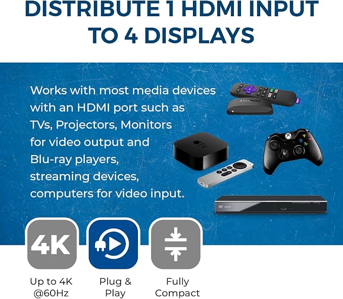 OREI 1x4 HDMI Splitter 4K 60Hz with Audio Extractor – HDMI 2.0b Splitter 1 in 4 Out with 4K to 1080p Downscaling, HDR10+, Dolby Vision, HDCP 2.3, Optical & 3.5mm Audio Out