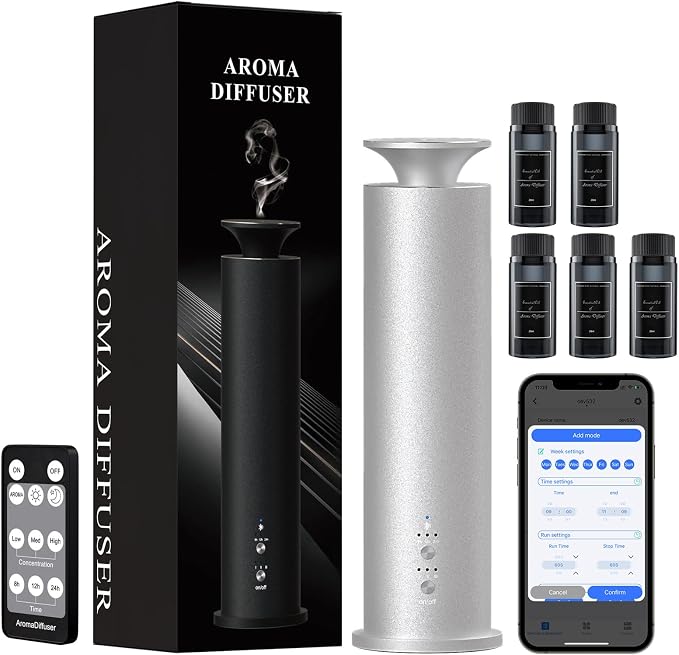 Waterless Diffuser Machine Scent Air Machine Covers 1800 Sq Ft for Home Diffusers Essential Oil Diffusers Studio Scent Diffuser Large Room Fragrance App Remote Control Capacity 3.5 Oz Secret Silver