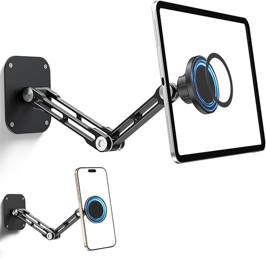 Magnetic iPad Wall Mount, NINEFATICS Aluminum Dual-Arm Tablet Wall Mount Holder, 360° Multi-Angle Adjustable, Foldable Wall iPad Mount for 4.7-15.6" iPad Pro/Air/Mini, Phones & Tablets, Strong Magnets