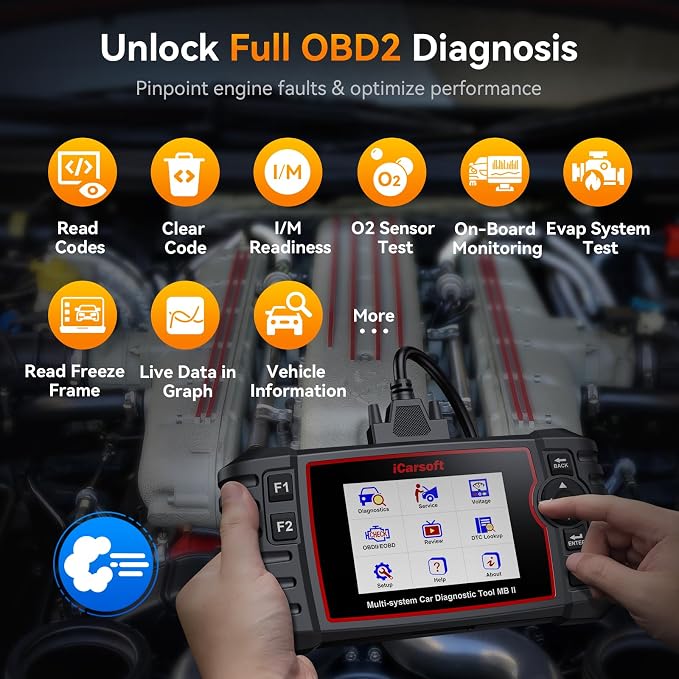 iCarsoft OBD2 Scanner Diagnostic Tool MB II with Oil/ABS Bleeding/SAS Reset, Full OBDII Modes Full Systems Car Code Reader with Battery Test, Live Data, Full ODB2 Scan Tool, Lifetime Free Updates