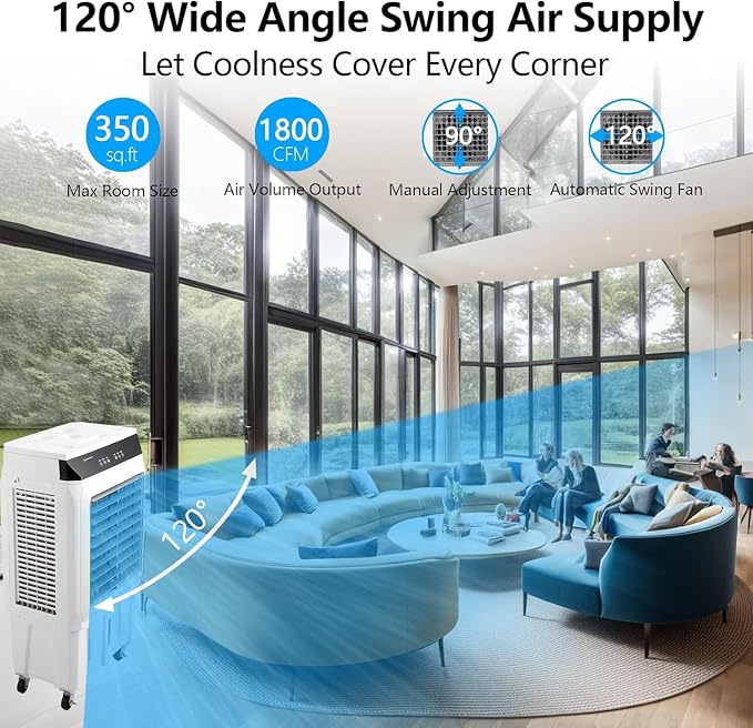 Evaporative Air Cooler, 1800CFM Portable Swamp Cooler with Remote Control, 3 Speeds, 12H Timer & 8.4 Gallon Water Tank, 3-IN-1 Cooling Fan for Bedroom Home Office Garage