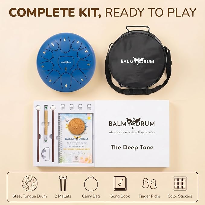Balmy Drum Steel Tongue Drum 10 inch 11 Notes 440Hz, Handpan Drum with Music Book, Mallets, Carry Bag, Finger Picks, Rain Drum for Outdoor, Meditation Yoga Calming Instruments for Adults Kids (Blue)