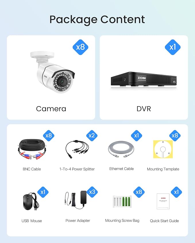 ZOSI 1080p H.265+ Security Camera System for Home, 5MP Lite 8 Channel CCTV DVR with AI Human Vehicle Detect, 8 x 1080p Weatherproof Bullet Cameras Outdoor Indoor, 120ft Night Vision (No HDD Included)