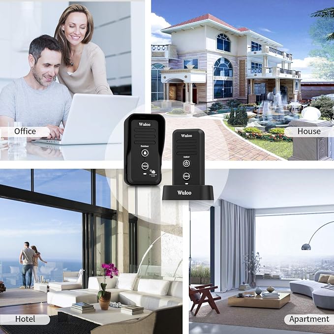 Wuloo Wireless Intercom Doorbells for Home Classroom, Intercomunicador Waterproof Electronic Doorbell Chime with 1/2 Mile Range 3 Volume Levels Rechargeable Battery (Black, 1&1)