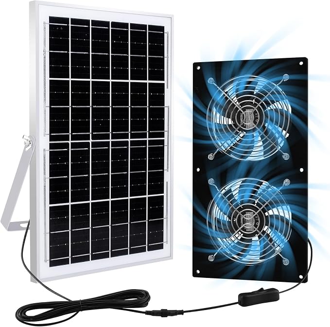 HNRLOY Solar Exhaust Fans & Powered Fan with 15W Panel & 2-Pack High-Speed Brushless DC Fans,Solar Ventilation Fan for Greenhouses, Chicken Coops, Attics, Barns, Sheds & Dog Houses