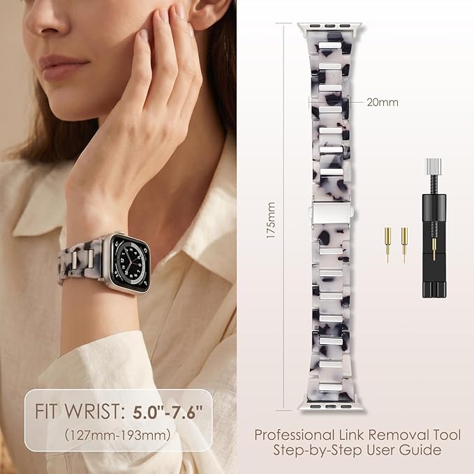 V-MORO Resin Metal Band Compatible with Apple Watch 42/44/45/46/49mm,Fashion Lightweight Bracelet with Starlight Stainless Steel Inlay for iWatch Series 11/10/9/8/7/6/5/4/3/2/1/SE,Black Floral