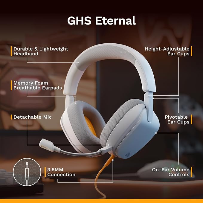 GLORIOUS GHS Eternal - Stereo Gaming Headset for PC, PS5, PS4, Xbox, Switch - Custom Tuned Angled Drivers, Adjustable Crystal Clear Detachable Mic, 3.5mm - Durable, All Day/Night Comfort - White