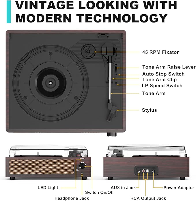 Vinyl Record Player with Speakers Vintage Turntable for Vinyl Records Belt-Driven Turn Table 3-Speed 3 Size Wireless Playback Headphone AUX-in RCA Line LP Vinyls Players Auto Stop Dark Red