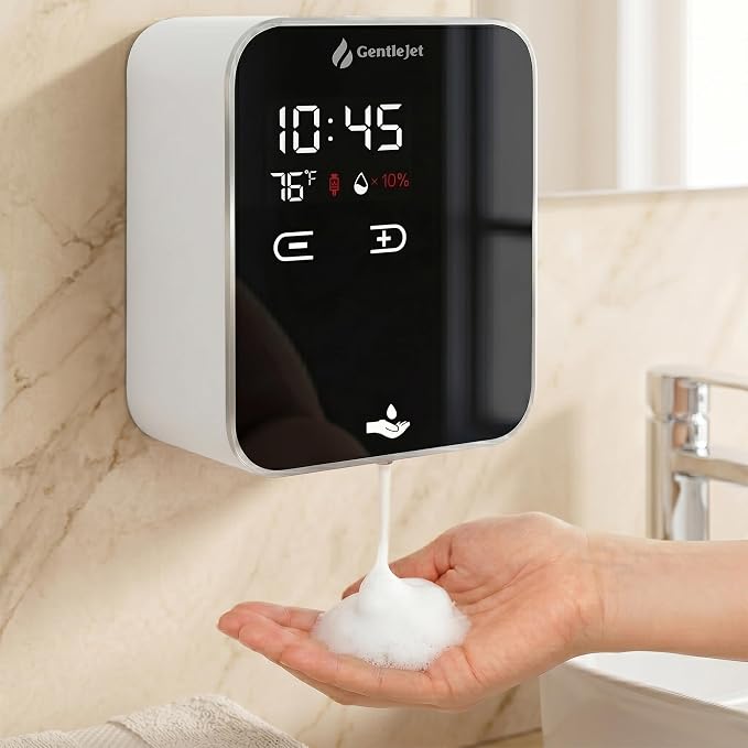 GentleJet AuraJet Automatic Foaming Soap Dispenser Wall Mount – Touchless Sensor, LED Display, 5 Foam Levels, Rechargable USB-C or Battery Powered, Aluminum Alloy, 480 ml Refillable