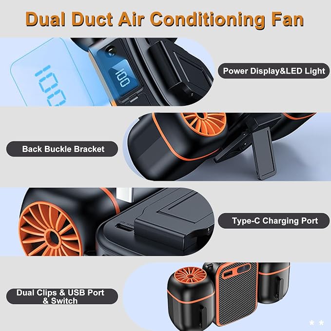 Portable Waist Fan Clip on 1000mAh Wearable Belt Personal Fan Rechargeable Hands-Free Cooling Neck Fans with Dual Outlet, 3 Speeds 12500RPM Strong Airflow, Max 24H Working Time for Outdoor Camping