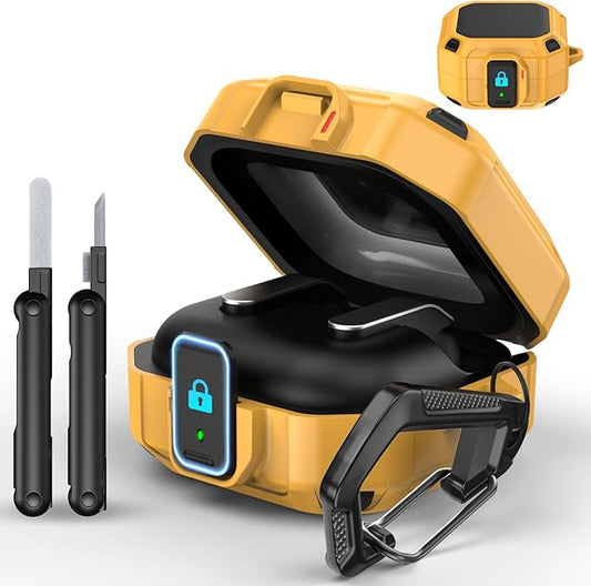 MoKo Lock Case for Samsung Galaxy Buds 4 Pro Case/Galaxy Buds 4 Case (2026), Rugged Armor Shockproof Full Protection Cover for Women Men, Cleaning Pen & Hook, Yellow