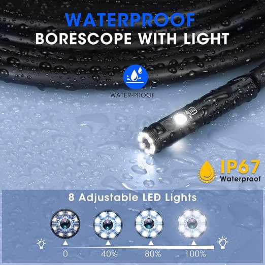 Triple Lens Borescope with 5" IPS Screen, 1920P HD Inspection Endoscope Camera with 50FT Semi-Rigid Snake Cable & 32GB Card, IP67 Waterproof Plumbing Camera for Sewer/Automotive/Drain Pipe