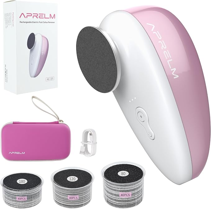 APRELM Rechargeable Electric Foot Callus Remover with 3-Sizes 120Pcs Sandpapers, Professional 1000RPM Electric Foot File with Organizer, Pedicure Tools Gifts for Women Men (E5 Pink-White)