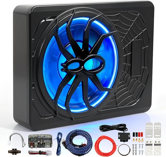10" Slim Car Subwoofer 1200W Underseat Powered Subwoofer Car Audio Subs for Trucks Active Bass Speaker for Car Built-in Amplifier with Blue LED Ambient Light Low & High Level Inputs