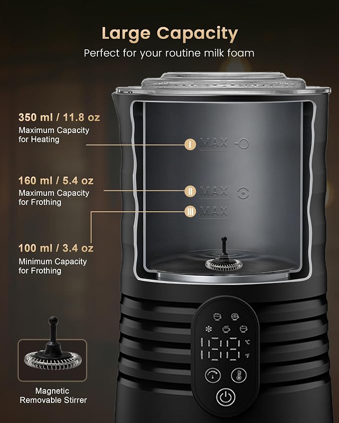 Milk Coffee Frother and Steamer,Temperature Display, 350lm, Burn-Free Base, Easy To Clean, 96% High Foam Rate,Ultra-Quiet Operation,Electric Cold Foam Maker Machine,Hot Chocolate Frother - Black