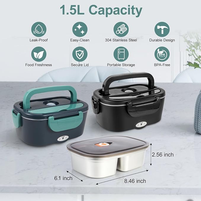 SOHIDA 1.5L Stainless Steel Inner Container with Lid – Dual Compartment, Removable, Dishwasher Safe, Compatible with 1.5L Electric Heated Lunch Box, Easy to Clean
