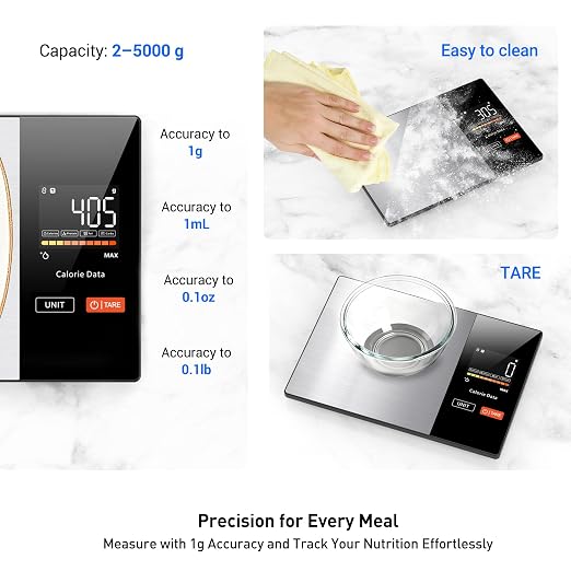 Kitchen Scales Food Scales Calorie Counting Nutrition Food Scale with Free App & Bluetooth Tracks 20 Nutrients. 1g/0.1oz Precision Tare Function – For Weight Loss, Fitness, Baking & Meal Prep
