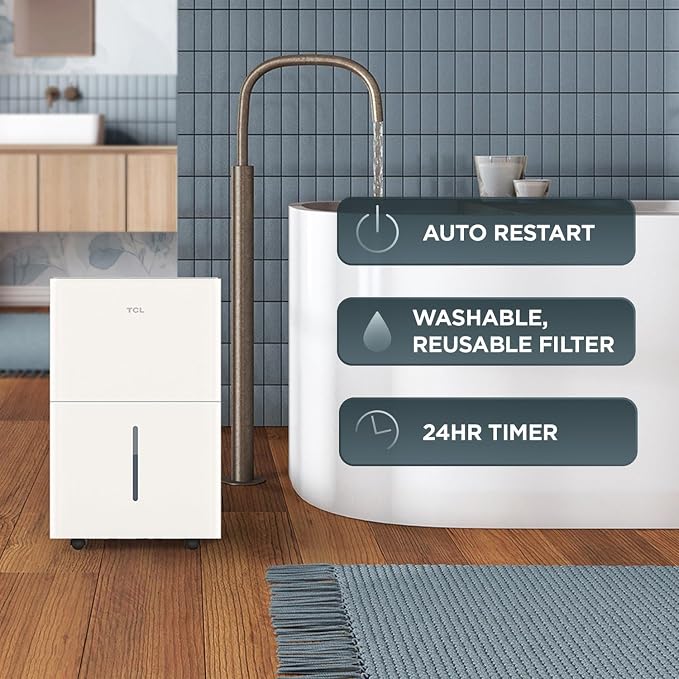 TCL 25-Pint Capacity Quiet, Energy Efficient Portable Dehumidifier, Precise Humidity Control, Bucket or Continuous Drain, Compact Humidity Absorber for Home, Attic, Garage & Rooms up to 2000 Sq Ft