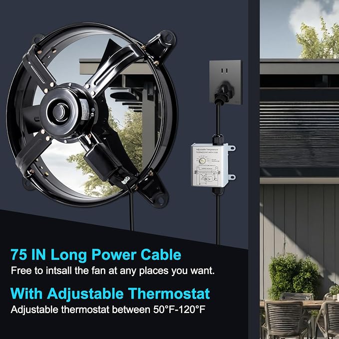 Criditpid 16" Gable Mount Vent Attic Fan, Exhaust Ventilation Fan with Adjustable Thermostat for Gable, Home, Shed, Garage, Portable Building, 1480RPM, 2065CFM, 1850 sq.ft Coverage Area.