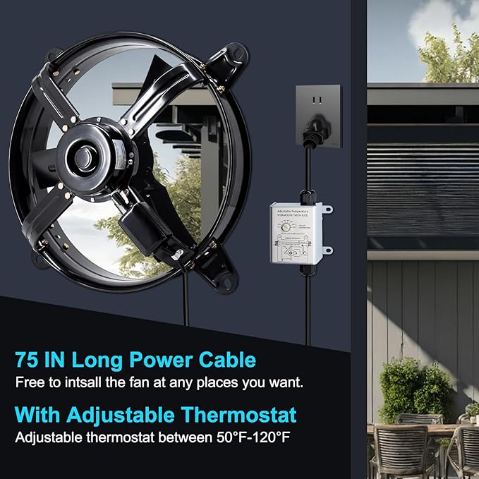 Criditpid 20 Inch Gable Mount Vent Attic Ventilator Fan, Exhaust Fan with Adjustable Thermostat for Gable, Attic, Shed, Greenhouse, Kitchen, Garage Vent Ventilation Exhaust Fan, 3127 CFM, Black