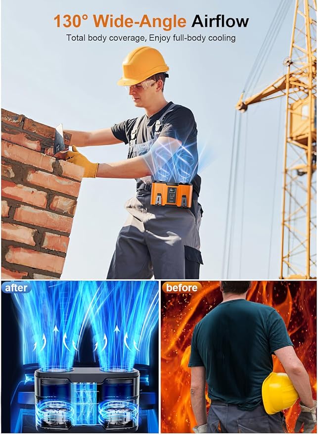 20000mAh Rechargeable Waist Fan, 20000RPM Portable Belt Fan with 10 Speeds, 40H Runtime, 130° Wide Airflow Clip-On Cooling Fan for Outdoor Work, Construction & Camping(Oange)