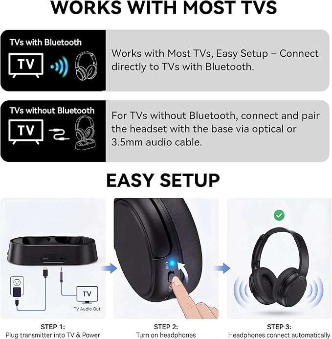 Swiitech Wireless Headphones for TV Watching with Charging Dock, 45H Playtime, Bluetooth 5.3, Clear Voice, No Audio Delay, Plug & Play Over-Ear Headset for Seniors