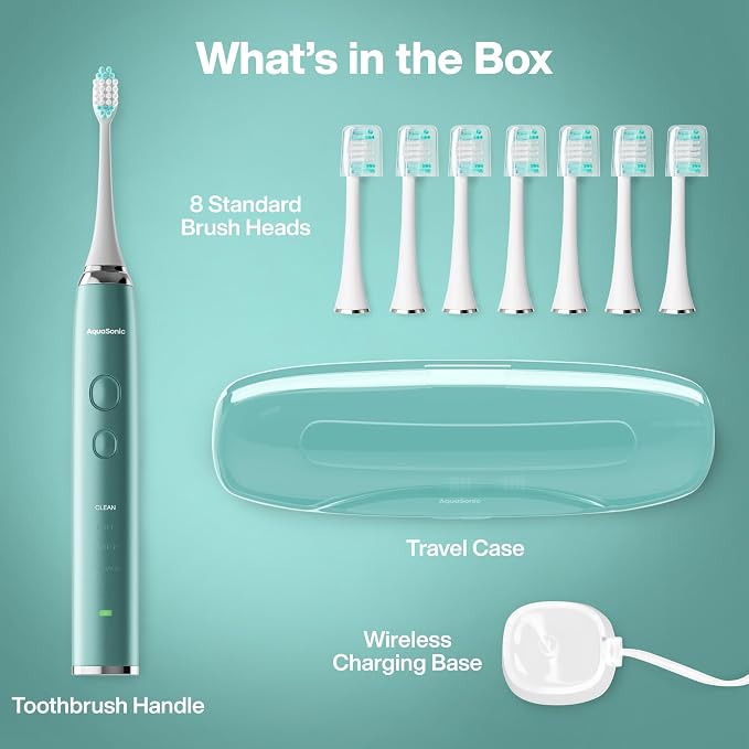 Aquasonic Vibe Series Ultra-Whitening Toothbrush – ADA Accepted Power Toothbrush - 8 Brush Heads & Travel Case – 40,000 VPM Motor & Wireless Charging - 4 Modes w Smart Timer – Mint Green Metallic