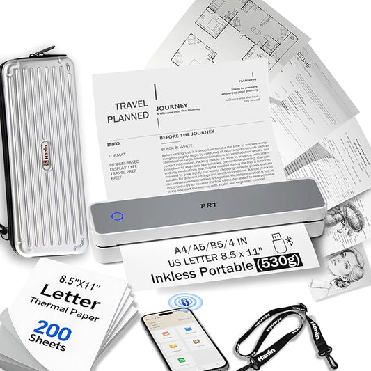 PRT MT610 Inkless Portable Printer Wireless Thermal Mobile Printers with Carry Case & 200 Sheets Paper, Supports 8.5"x11" US Letter & A4, Bluetooth Travel Printer for Laptop, iOS & Android, Grey