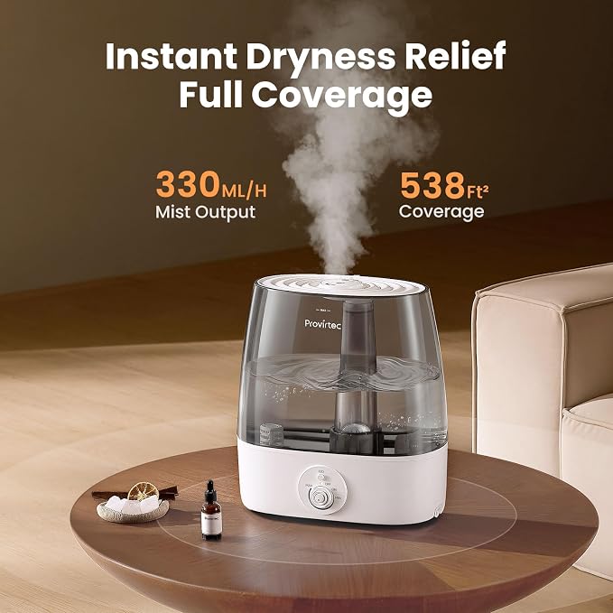 Provirtec 6.5L Stay Clean Tank Humidifier for Large Room, Low Maintenance, Top Fill Design, Ultra Quiet 65H Runtime, Cool Mist Ultrasonic for Bedroom, Home, Plants HC12