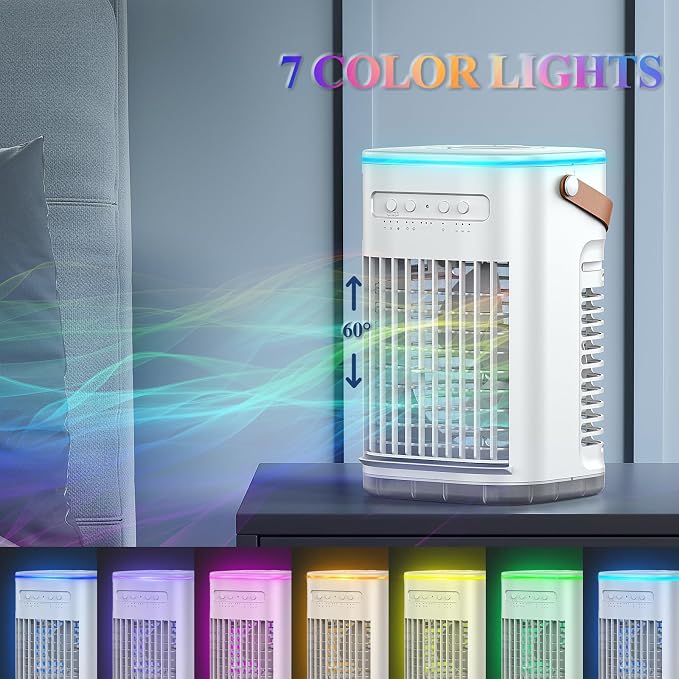 Portable Air Conditioners, 3-1 Mini Evaporative Air Cooler w/Remote, 1.2L Water Tank & 2 Ice Boxes, 7H Timer, USB Charging, 3 Speeds & 7 Color Lights, Personal Desktop Fan For Home Office Outdoors