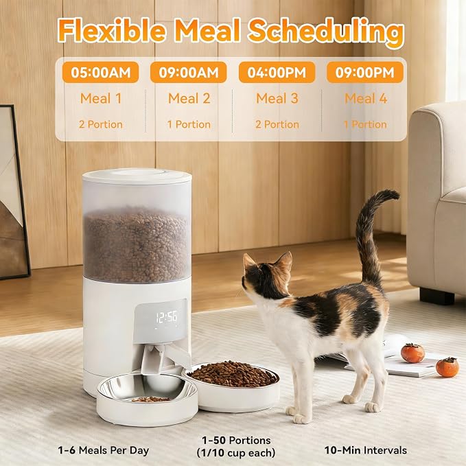 NEWBULIG Automatic Cat Feeder for 2 Cats, 6L/25.3 Cups Timed Pet Feeders with Dual Bowls, 10s Voice Recorder, Dog Food Dispenser for Dry Food, 6 Meals/Day, 50 Portions/Meal, Dual Power Supply, White