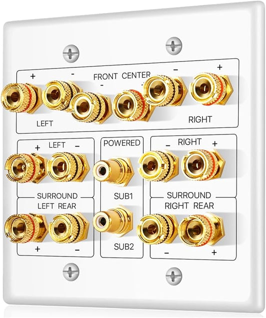 TNP 7.2 Surround Sound Subwoofer and Speaker Wall Plate - AV Home Theater Media HDMI Banana Plug RCA Wall Speaker Connection Audio Plate