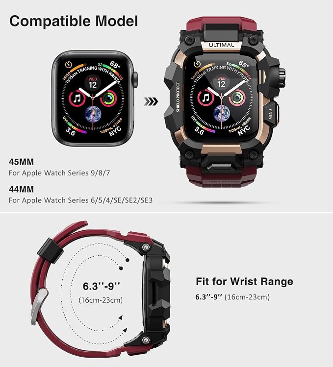 ULTIMAL Rugged Case with Band for Apple Watch 45mm,Compatible with Apple Watch Series 9/8/7 45mm Band Men,Military Grade Shockproof Bumper Cover for iWatch Tactical Band Men (45mm, Red)