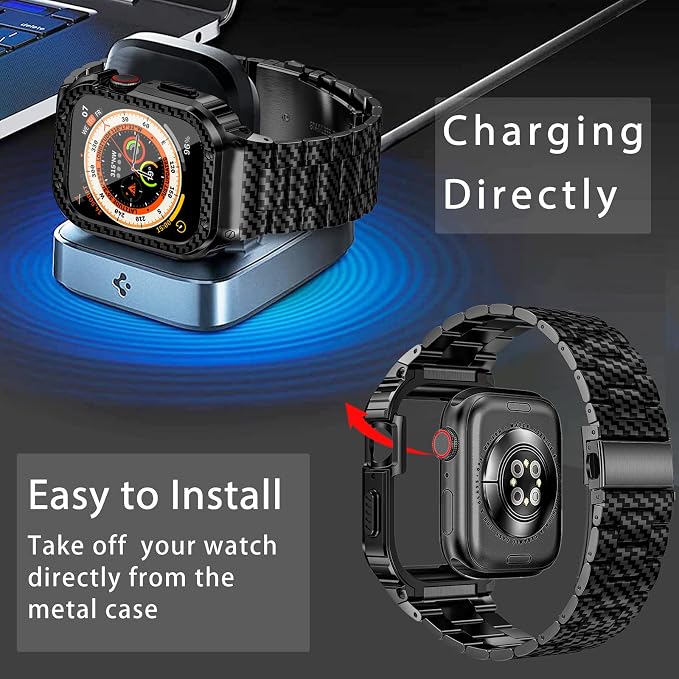 MioHHR Stainless Steel Band and Case Compatible with Apple Watch Band 44mm 42mm (Series 3/2/1), Men Metal Protective Bumper Cover for iWatch Series 6/5/4/3/2/1/SE/SE2/SE3, Black Pattern