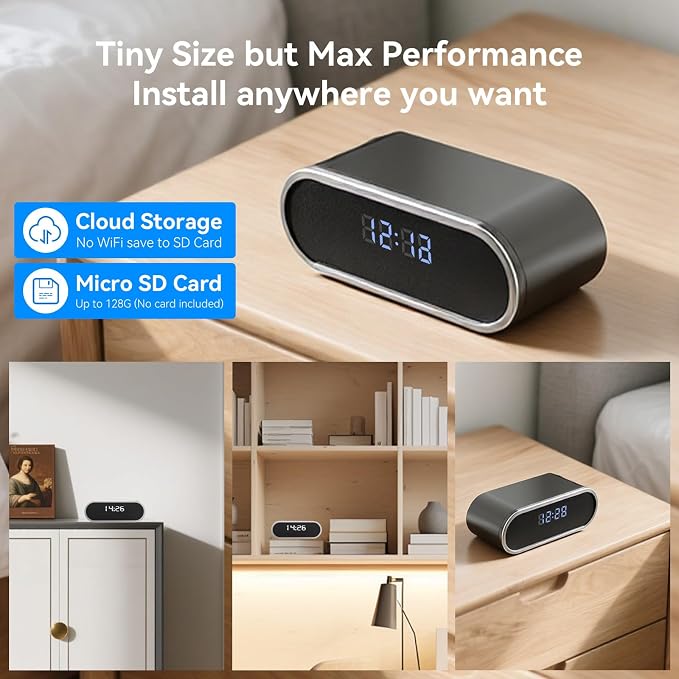 Wireless WiFi Security Camera, Nanny Cam for Home, Indoor Camera with Clock with App Control, AI Motion Detection, Loop Recording, Night Vision, Local & Cloud Storage, Easy to Use