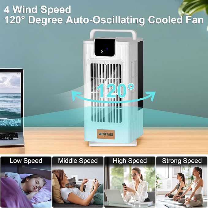 WESTTREE 14inch Portable air conditioners Misting Fan,120°Oscillating mini Air Conditioner,Desk air 3 Level Humidify 4 Speeds, 7 RGB Color Night Lights Desktop Portable Air Conditioners for Bedroom