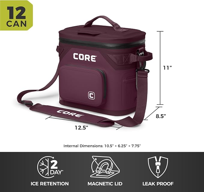 CORE Magnetic Leak Proof Soft Cooler with Waterproof Zipper | Insulated Bag Portable Ice Chest Box | Best Soft Cooler for Food & Beverages for Tailgating, Car Camping, Travel, and Family Beach Picnics
