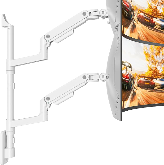 ARES WING Dual Monitor Wall Mount for 17-49 Inch Ultrawide Screens, Heavy Duty Wall Mount Monitor Arm Holds 44 lbs Each, Fully Adjustable Gas Spring Monitor Arm, 75x75/100x100 VESA Mount, White
