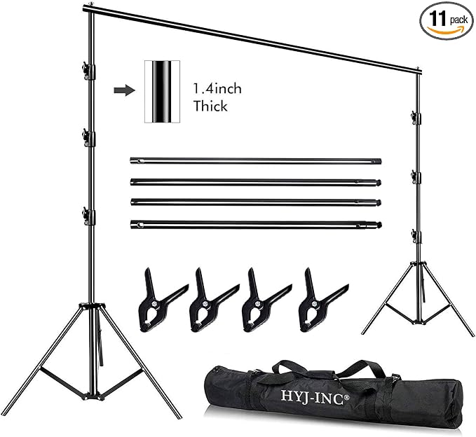 HYJ-INC 10 x 10Ft Photo Video Studio Heavy Duty Adjustable Muslin Backdrop Stand Background Support System Kit for Photography with Carrying Bag，4 Pcs Spring Clamps