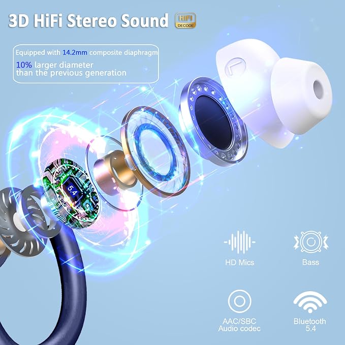 Wireless Earbuds Sport, 2025 Bluetooth 5.4 Headphones Bass Hi-Fi Stereo Over Ear Buds, 56Hrs Noise Cancelling Headset with Earhook, IP7 Waterproof Earphones Workout Running for Laptop Pad Android iOS