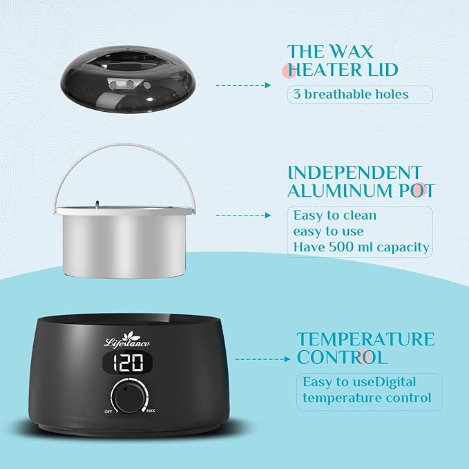 Lifestance L2 Digital Wax Warmer Machine - 500ml/14oz Fast-Heating for Hard Wax Beads, Hair Removal at Home, Professional for Brazilian, Bikini, Face, Body & Eyebrow