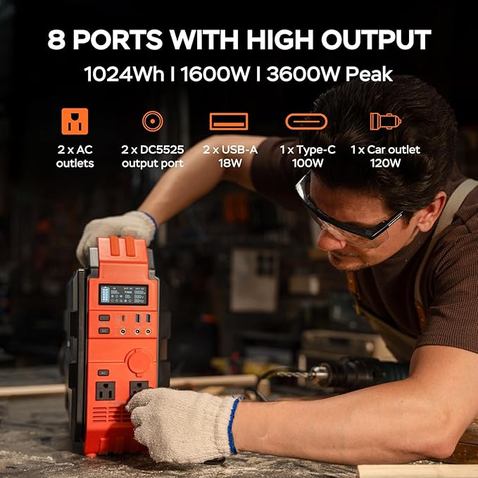 BLAVOR Portable Power Station with 120W Solar Panel, 1600W (Peak 3200W) Solar Generator Built-in Solar Panel, 1024Wh LiFePO4 Battery, 100W USB-C Fast Charge