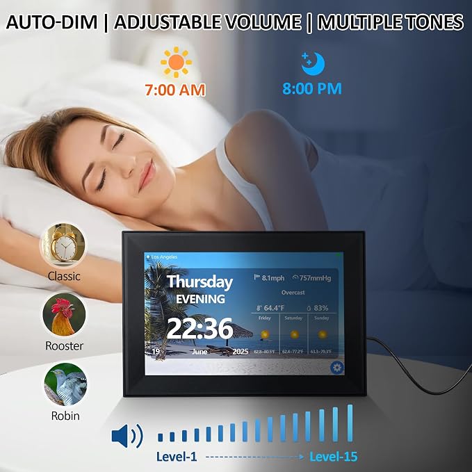 WiFi 10.1 Inch Digital Alarm Clock for Seniors, Large Display with Day/Date Smart Touchscreen Electronic Calendar 64 Alarms 64 Reminders Dementia Alarm Clock for Elderly（Black）