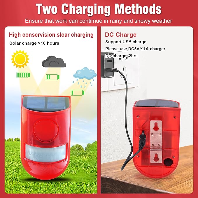 ChunHee Solar Outdoor Motion Sensor Alarm 4 Working Mode Motion Activated Alarm 129dB Loud Sound Noise Maker IP65 Waterproof Motion Detector with Strobe Light for Garden Yard Farm Home 2PC