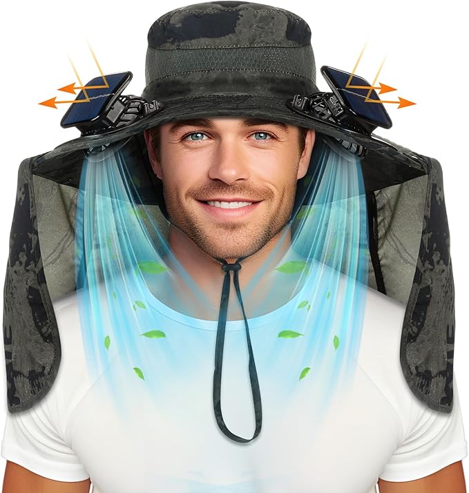 Chuarry Wide Brim Sun Hat with 2 Solar Fans and Neck Flap Outdoor Solar Powered USB Charging Bucket Fishing Hat for Men Women